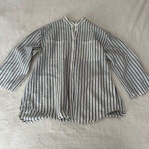 L.L. Bean Signature Brand Navy and White Striped Button-Up Shirt